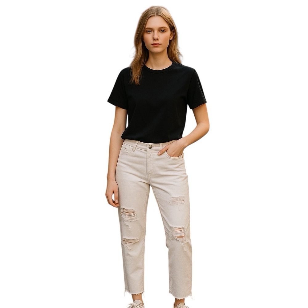 Zenana‎ Jeans 29 Ankle Length Distressed Raw Hem White Denim Stretch Straight